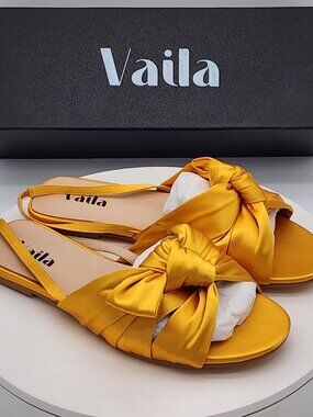Vaila Lila Marigold Satin Bow Slingback Sandals Women’s Size 9